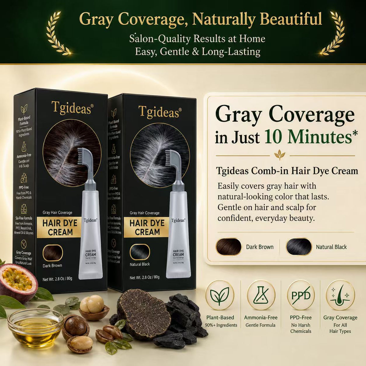 Tgideas Comb‑In Hair Dye Cream for Gray Coverage – Natural Black & Dark Brown